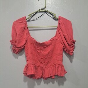 Forever 21 LARGE Smocked Puff Sleeve Peplum Top Square Neck Ruffle Raspberry